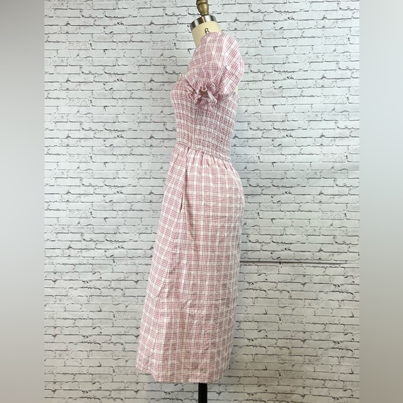 Lena | adorable pink plaid square neck line short sleeve midi dress size S - Picture 4 of 12